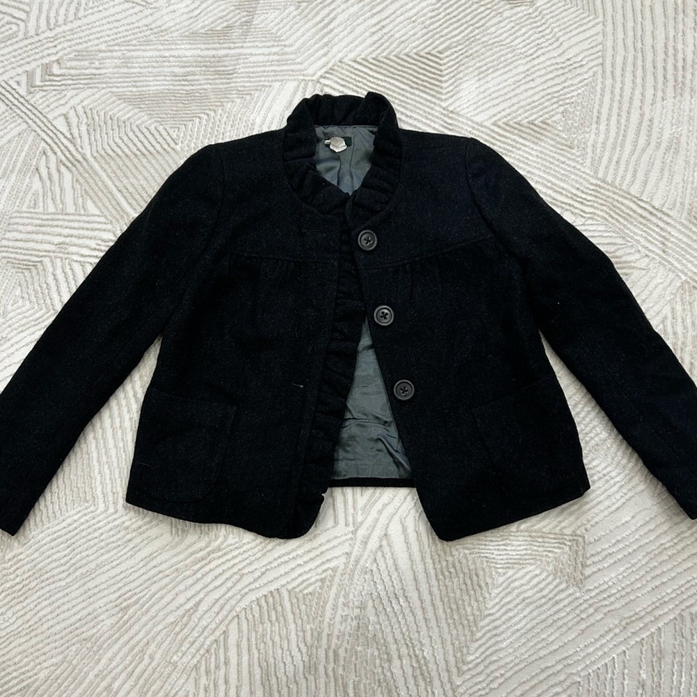 JCrew Wool Black Ruffled Baby Doll coat